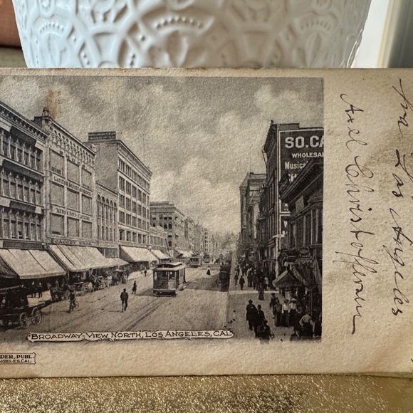 BENJAMIN FRANKLIN 1 Cent Stamp on *RARE* Postcard 1908 Post  Rare LOS ANGELES CA - Broadway View North Postcard - udb (pre 1908) Ben Franklin
